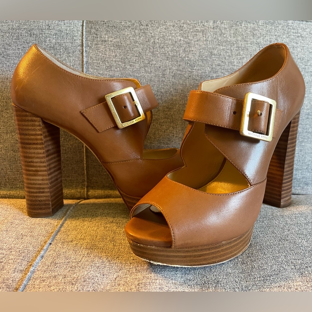 Brown Leather Peep-Toe Heels